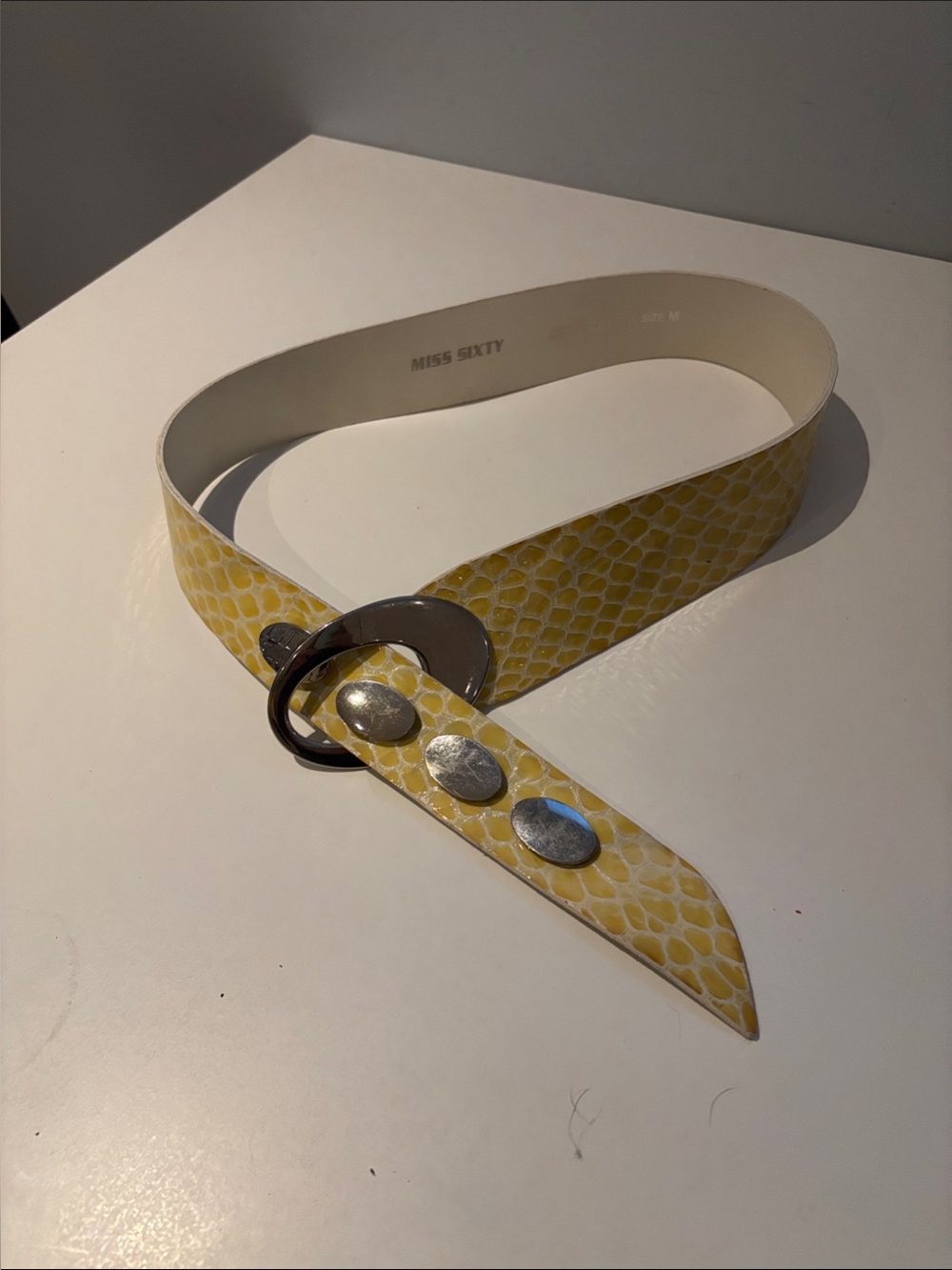 Miss Sixty Yellow Snakeskin-Print Studded Wide Belt
